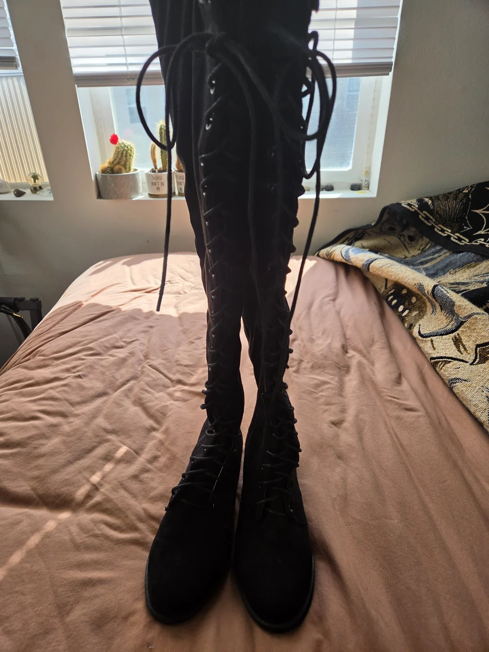 Source Unknown Black Lace-Up Over-The-Knee Boots with Side Zipper